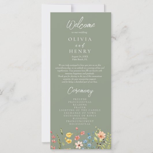 Kleurrijke Wildflowers Sage Green Wedding Programm (Voorkant)