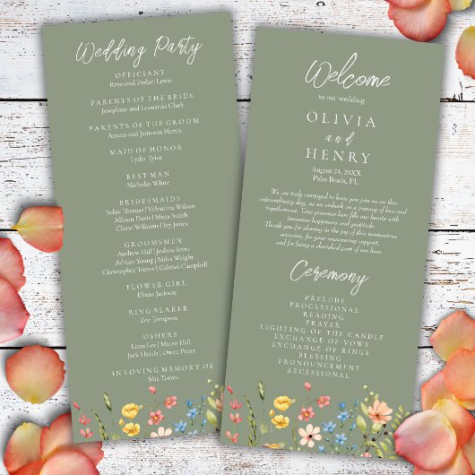 Kleurrijke Wildflowers Sage Green Wedding Programm