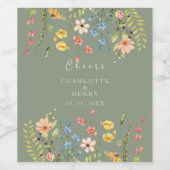 Kleurrijke Wildflowers Sage Wedding Gift Label Wijn Etiket (Enkel label)