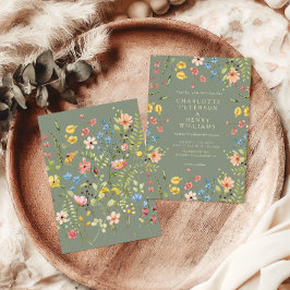 Kleurrijke Wildflowers Sage & Yellow Garden Weddin Kaart