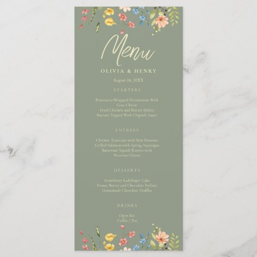 Kleurrijke Wildflowers Sage & Yellow Wedding Menu (Voorkant)