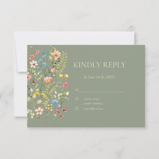 Kleurrijke Wildflowers Sage & Yellow Wedding RSVP Kaartje (Voorkant)