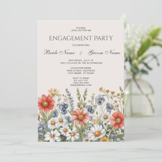 Kleurrijke Wildflowers Verloving Invitation Kaart (Staand voorkant)