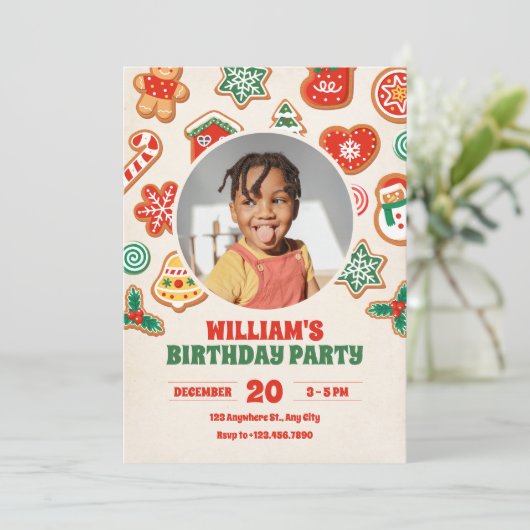 Kleurrijke winter kerstkoekjes foto verjaardag kaart (Staand voorkant)