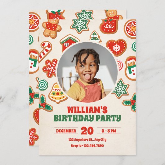 Kleurrijke winter kerstkoekjes foto verjaardag kaart (Voorkant / Achterkant)