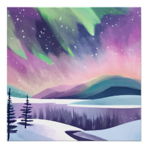 Kleurrijke Winter Nacht met Noorderlicht   Waterve Perfect Poster