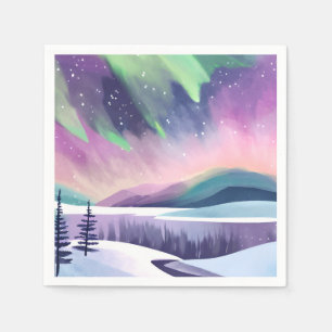Kleurrijke Winter Nacht Noorderlicht   Waterverf Servet