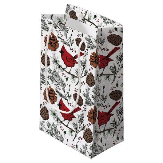 Kleurrijke Winter Perched Rode Kardinaal & dennena Klein Cadeauzakje (Voorkant Gekanteld)
