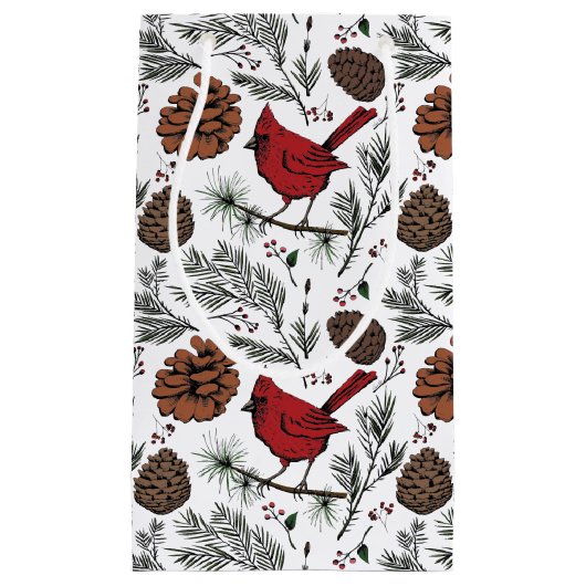 Kleurrijke Winter Perched Rode Kardinaal & dennena Klein Cadeauzakje (Voorkant)