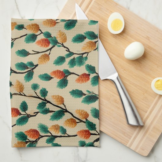 Kleurrijke Winter Pinecone Branches Theedoek (Quarter Fold)