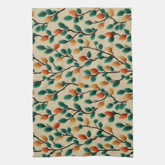 Kleurrijke Winter Pinecone Branches Theedoek (Verticaal)