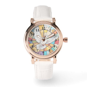 Kleurrijke witte duif Glas in lood Bird Horloge