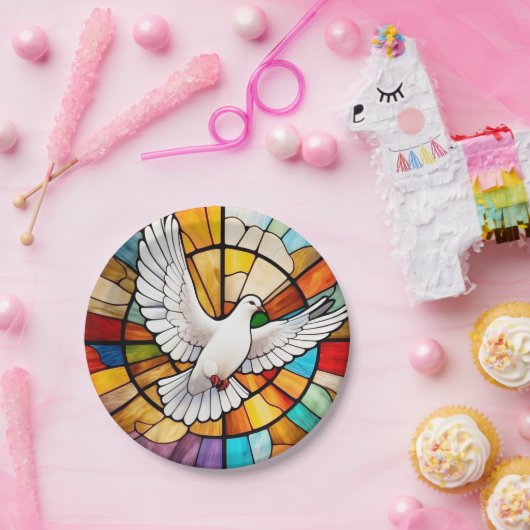 Kleurrijke witte duif Glas in lood Bird Papieren Bordje (Feest)