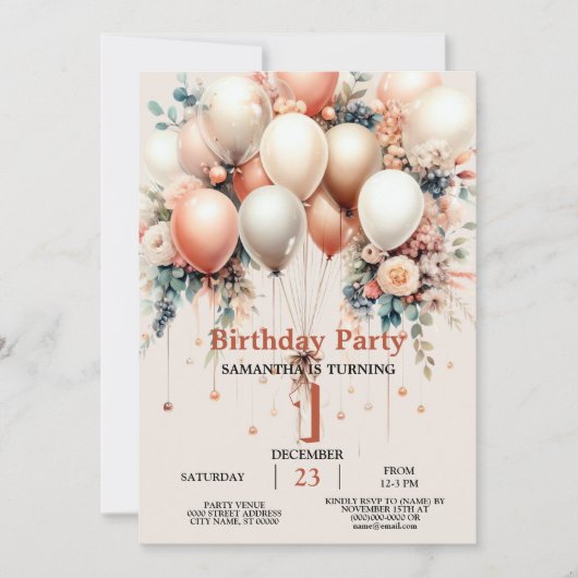 Kleurrijke Witte Perzik Bloemen Ballon Verjaardags Kaart (Voorkant)