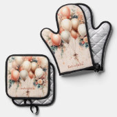 Kleurrijke Witte Perzik Bloemen Ballonnen Elegant Ovenwant & Pannenlap Set (Voorkant / Achterkant)