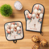 Kleurrijke Witte Perzik Bloemen Ballonnen Elegant Ovenwant & Pannenlap Set (Top down)