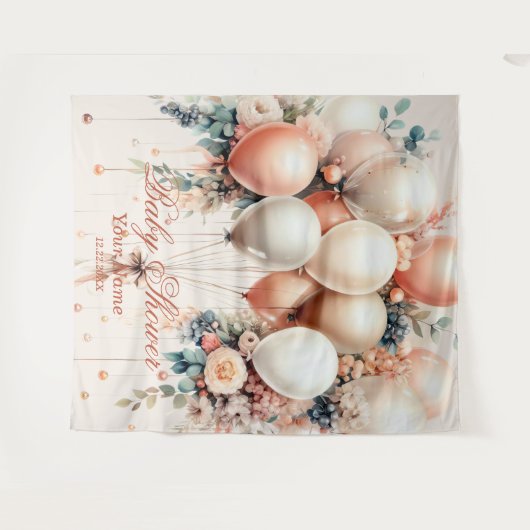 Kleurrijke Witte Perzik Bloemen Ballonnen Elegant Wandkleed (Voorkant (horizontaal))