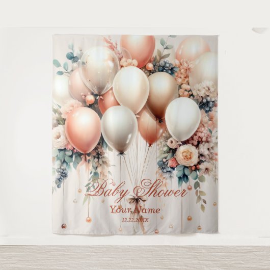 Kleurrijke Witte Perzik Bloemen Ballonnen Elegant  Wandkleed (Voorkant)