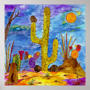 Kleurrijke Woestijn Cactus Morgen Hond Poster 81cm