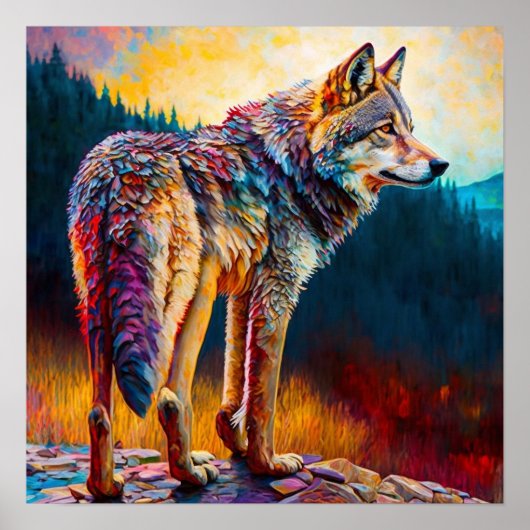 Kleurrijke Wolf Abstracte Schildering Hut Kunst Poster (Voorkant)