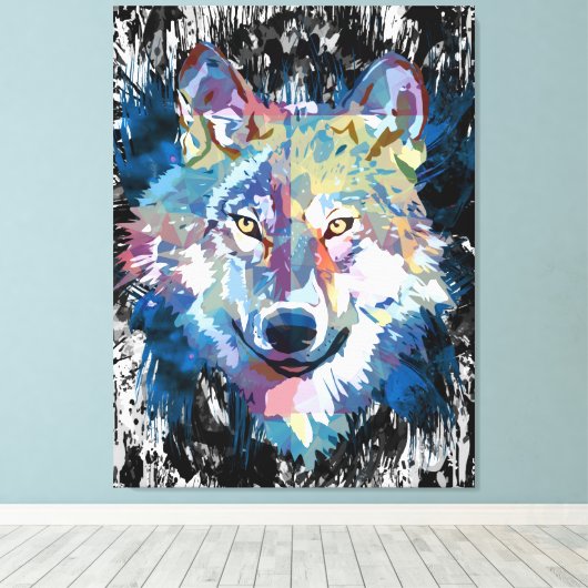 Kleurrijke Wolf Canvas Print | Wolf Head Art Print (Insitu (Houten vloer))