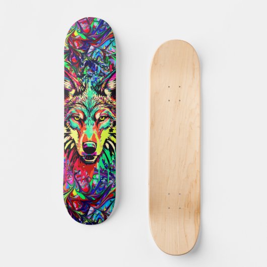 Kleurrijke Wolf Head - Wolf Skateboard Deck (Voorkant)