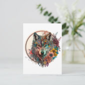 kleurrijke wolf met bloemen briefkaart (Staand voorkant)