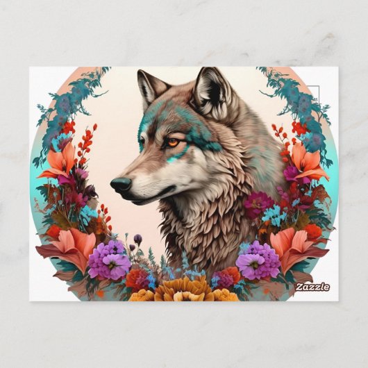kleurrijke wolf met bloemen briefkaart (Achterkant)