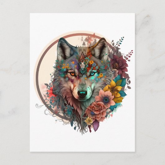 kleurrijke wolf met bloemen briefkaart (Voorkant)