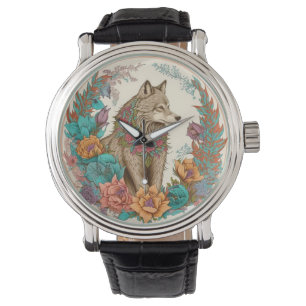 kleurrijke wolf met bloemen horloge