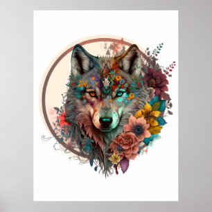 kleurrijke wolf met bloemen poster