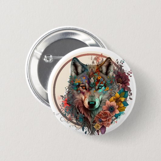 kleurrijke wolf met bloemen ronde button 5,7 cm (Voorkant /achterkant)