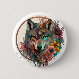 kleurrijke wolf met bloemen ronde button 5,7 cm