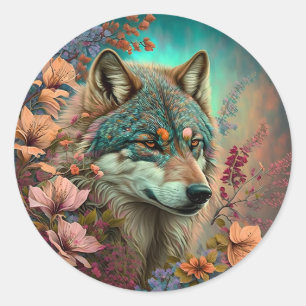 kleurrijke wolf met bloemen ronde sticker