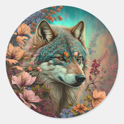 kleurrijke wolf met bloemen ronde sticker (Voorkant)