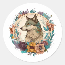 kleurrijke wolf met bloemen ronde sticker