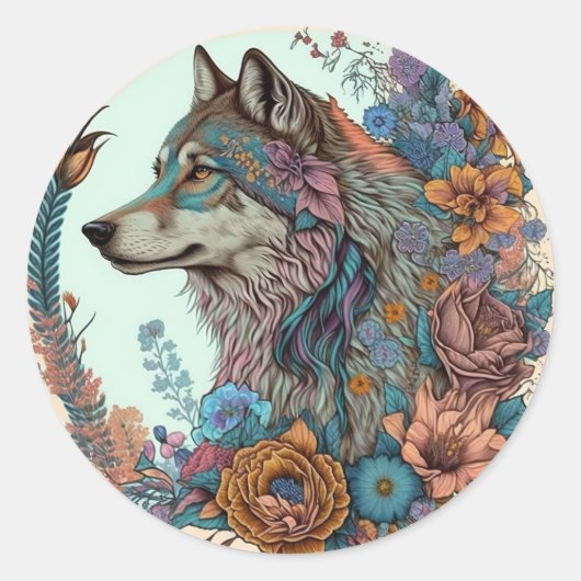 kleurrijke wolf met bloemen ronde sticker (Voorkant)