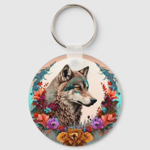 kleurrijke wolf met bloemen sleutelhanger
