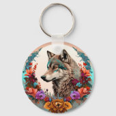 kleurrijke wolf met bloemen sleutelhanger (Achterkant)