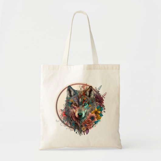 kleurrijke wolf met bloemen tote bag (Voorkant)
