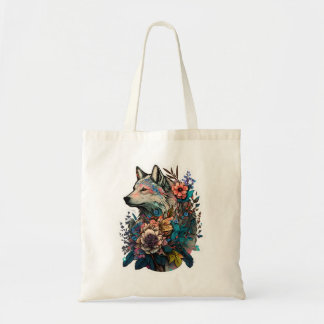 kleurrijke wolf met bloemen tote bag