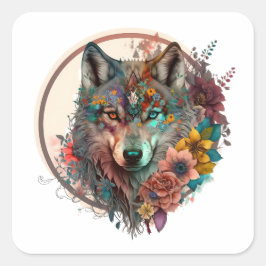 kleurrijke wolf met bloemen vierkante sticker