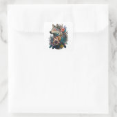 kleurrijke wolf met bloemen vierkante sticker (Tas)