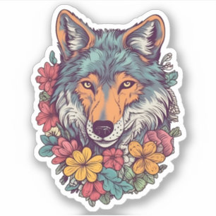 Kleurrijke wolf met bloemen Wolf Lover Sticker