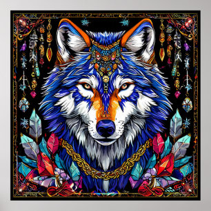 Kleurrijke Wolf Sieraden Wilde Fantasie Dieren Kun Poster
