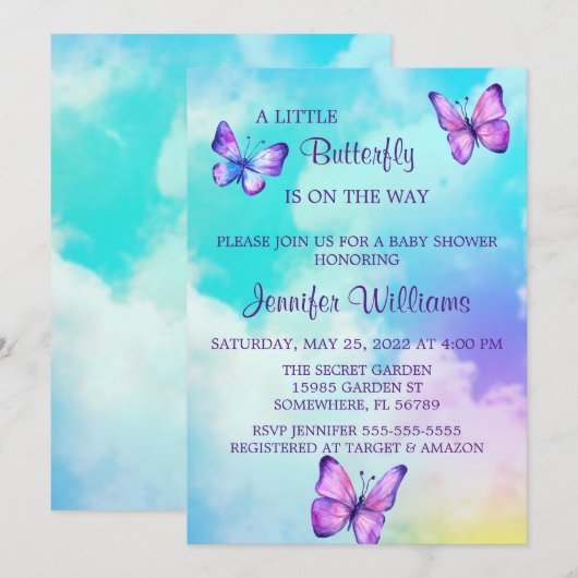 Kleurrijke wolken en vlinderBaby shower Kaart (Voorkant / Achterkant)