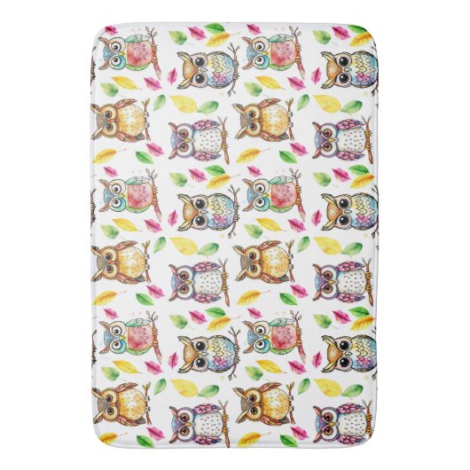 Kleurrijke Woodland Uilen en bladeren Waterverf Badmat (Voorkant Verticaal)