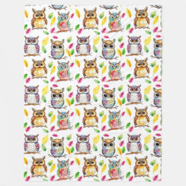 Kleurrijke Woodland Uilen en bladeren Waterverf Fleece Deken