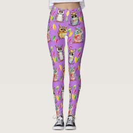 Kleurrijke Woodland Uilen en bladeren Waterverf Leggings