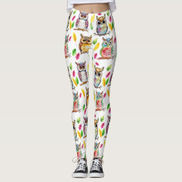 Kleurrijke Woodland Uilen en bladeren Waterverf Leggings